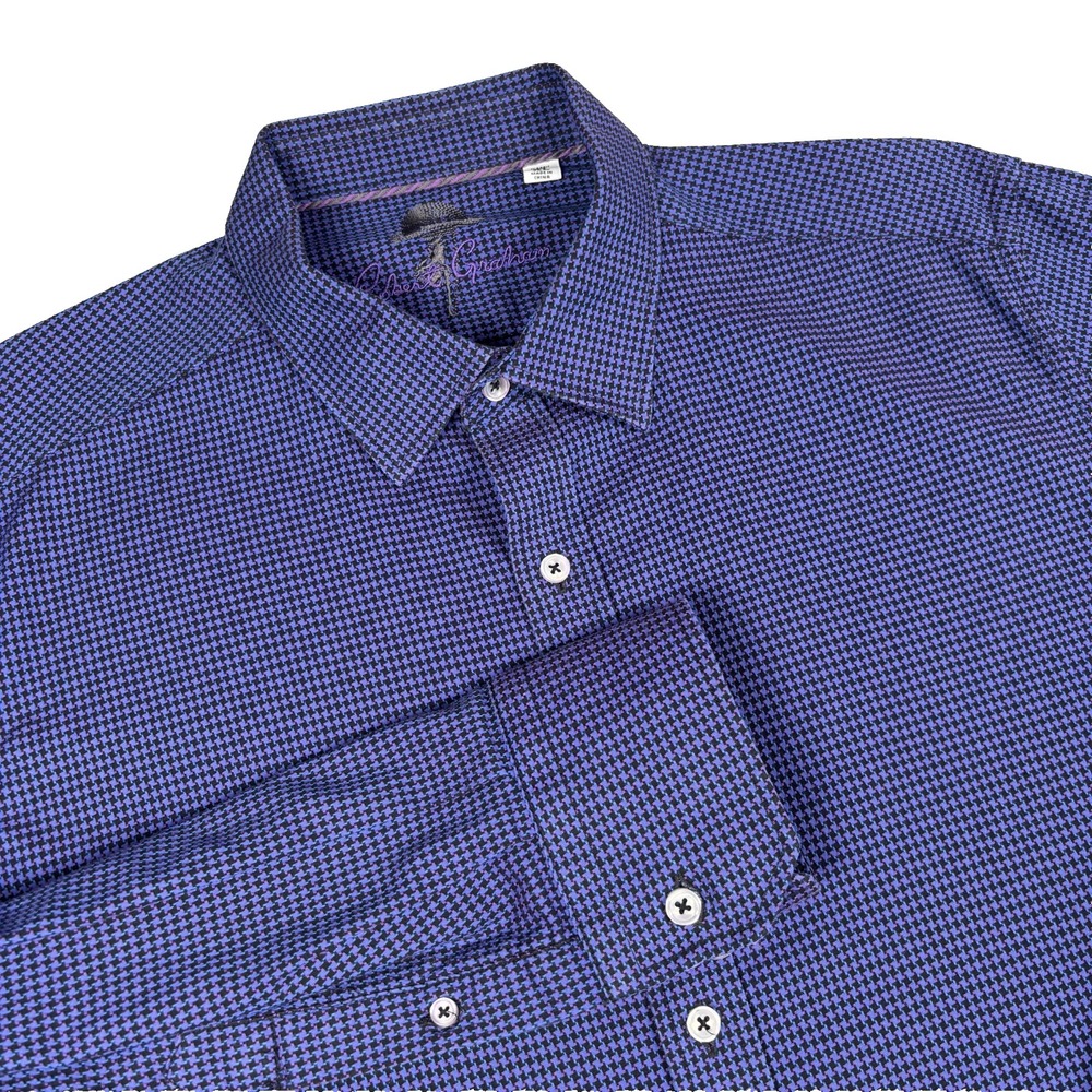 Robert Graham Shirt Men's XL Purple Blue Micro Houndstooth Flip Cuff Cotton